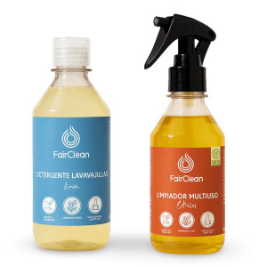 Muestra que contiene el Combo 2 - Vajilla y Cocina. Muestra un limpiador multiuso y un detergente lavavajillas